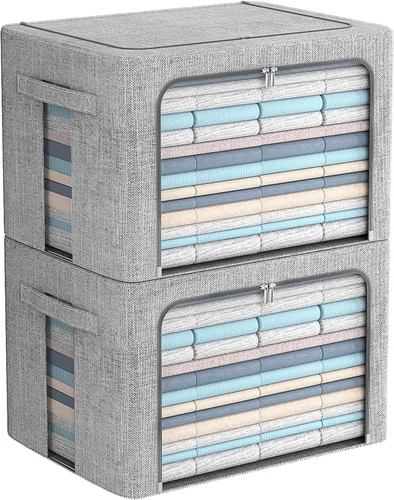 Miniatura 14 de FHSQX Paquete de 2 contenedores de almacenamiento de ropa apilables, caja de almacenamiento con marco de metal, organizador plegable de tela de lino