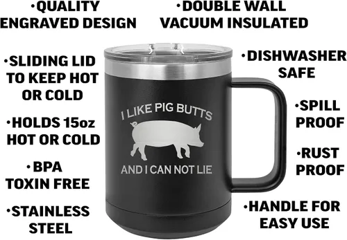 Miniatura 2 de Rogue River Tactical Funny BBQ Grill I Like Pig Butts Sarcastic Joke - Taza de café negra de acero inoxidable resistente con tapa, taza novedosa