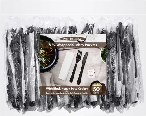 Miniatura 5 de Party Essentials Juego de utensilios de plástico resistentes envueltos individualmente, 50 juegos para catering de fiestas, Negro