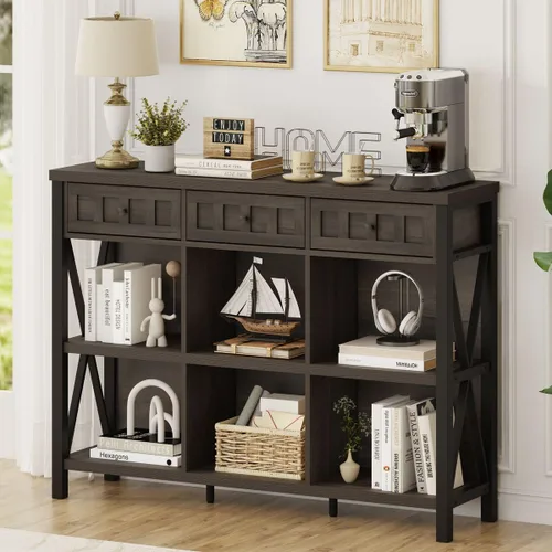 Miniatura 14 de FATORRI Organizador de almacenamiento de 6 cubos con estante, estantería horizontal corta para sala de estar, estantería de madera y metal, estante