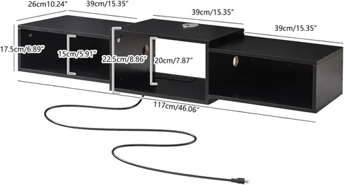 Miniatura 3 de IBUYKE Soporte flotante para TV montado en la pared con toma de corriente, moderno estante de consola de madera montado en la pared, centro