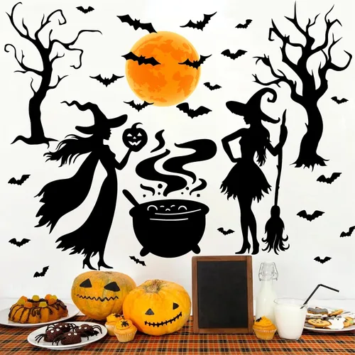 Miniatura 8 de Calcomanías de Halloween para ventana, calcomanías de brujas negras, calcomanías de pared de Halloween, murciélagos de árbol negro, murales de arte