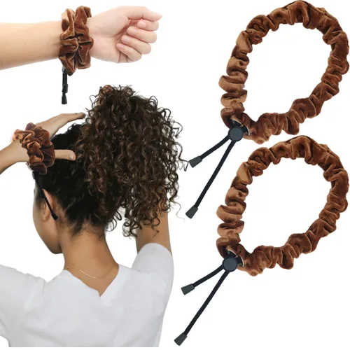 Miniatura 2 de 2 Pcs Adjustable Velvet Scrunchies，Large Brown Scrunchie Satin Hair Tie for Women Girls，Thick Hair Ties for Curly Thin Hair (Black)