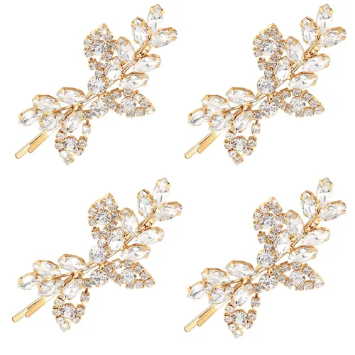 Waydress 4 pinzas para el pelo con diamantes de imitación para boda, pasador de pelo de novia, diseño de hojas decorativas, accesorios de horquilla