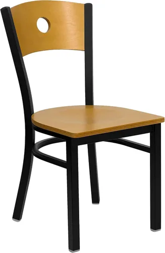 Miniatura 12 de Flash Furniture HERCULES Series Silla de restaurante de metal con respaldo circular negro, respaldo de madera natural, asiento de vinilo negro