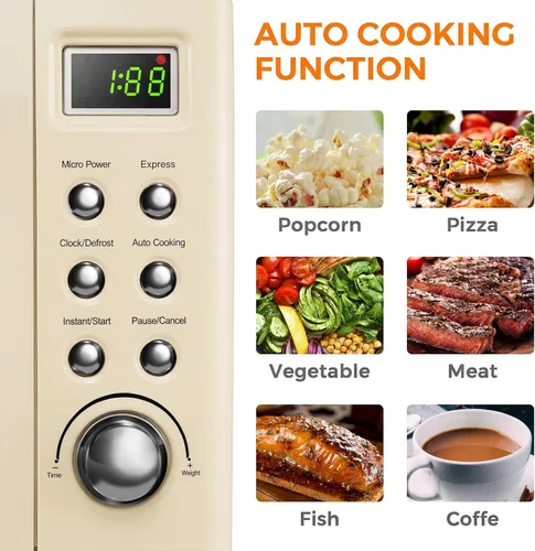 Miniatura 4 de SIMOE Horno microondas retro crema, 0.7 pies cúbicos microondas compacto de encimera, microondas pequeño de 700 W con pantalla LED, bloqueo