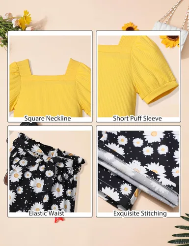 Miniatura 16 de DONWEN Conjunto de 3 piezas de ropa para niñas pequeñas y niñas con cuello cuadrado + pantalones elegantes + diadema para primavera y verano