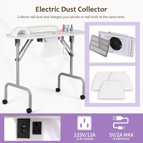 Miniatura 3 de AGESISI Mesa de manicura portátil plegable para uñas con estación de carga y colector de polvo, mesa profesional de tecnología de uñas para técnico