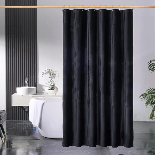 Miniatura 7 de Cortina de ducha HYAWGE de tela de terciopelo negro 260 GSM, cortina de ducha de lujo resistente, con ganchos, espesada, lavable, impermeable