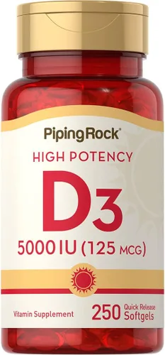 Piping Rock Vitamina D3 5000 UI | 250 cápsulas blandas | Suplemento de alta potencia | Sin OMG, sin gluten