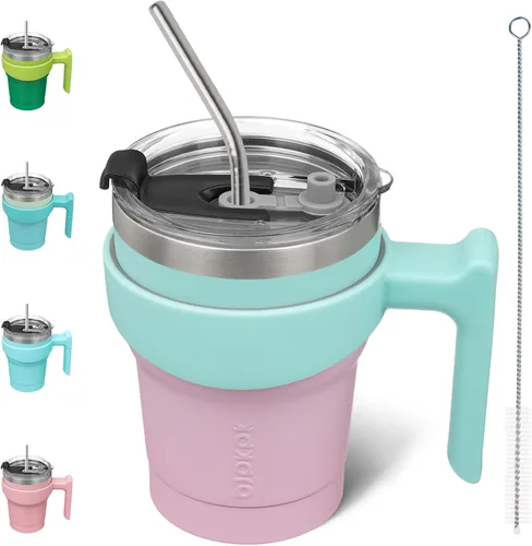 Miniatura 18 de BJPKPK Vaso con asa de acero inoxidable de 20 onzas, con aislamiento de doble pared, con tapa y pajita, color rosa claro A-rosa claro