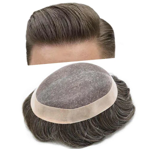 Miniatura 59 de Tupé para hombre, pieza de cabello humano real, monofilamento, tupé para hombres, postizos, unidades de sistema de reemplazo de cabello, gris