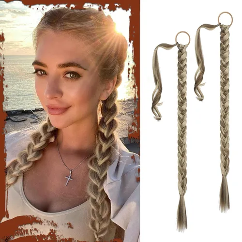 Miniatura 50 de Sofeiyan Extensión de cola de caballo de trenza larga con banda para el cabello, lacio, elegante, envolvente, extensiones de cabello trenzado, cola