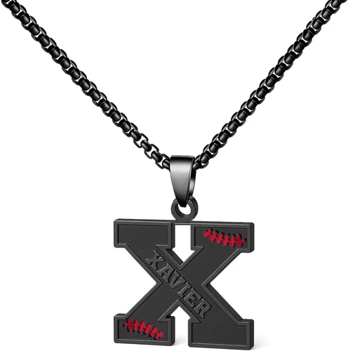 Miniatura 24 de Ldurian Collar personalizado con nombre de béisbol, cadena negra de acero inoxidable, collar con nombre deportivo, letra A-Z de 24 pulgadas, regalos