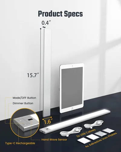 Miniatura 7 de SUPERDANNY Luces de 16 pulgadas para debajo del gabinete, sensor de onda manual, 65 luces LED para debajo del gabinete, batería recargable mejorada