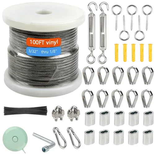 Shineyoo Kit de cuerda de alambre de 1/8 pulgadas, alambre de acero, tensores de 100 pies para cables, cable de acero inoxidable recubierto de