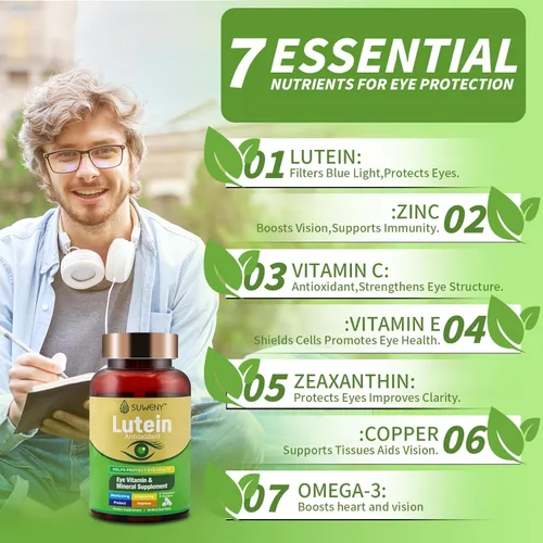 Miniatura 4 de Suplemento de vitaminas oculares de luteína para adultos, 90 cápsulas, apoya la salud ocular con zeaxantina, zinc, vitaminas C y E, fórmula vegana