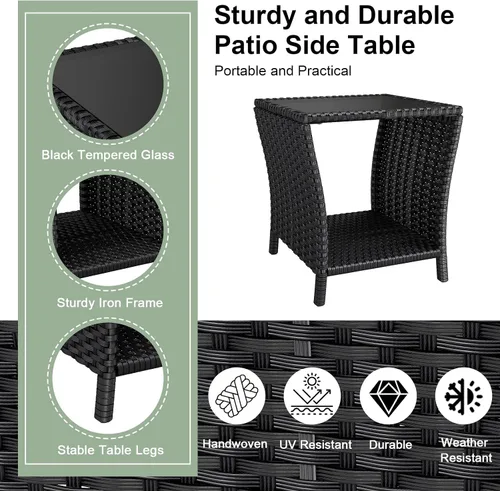 Miniatura 5 de kinbor Mesa pequeña para exteriores – Mesa auxiliar de mimbre para exteriores con estante de almacenamiento para patio, balcón y porche, ratán