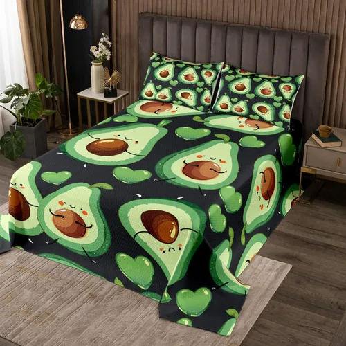 Miniatura 5 de Manfei Colcha de sandía, tamaño Queen, colcha acolchada con estampado de frutas Kawaii con 2 fundas de almohada, juego de colcha de rayas rosas