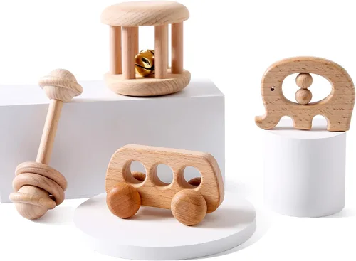Juguete de sonajero de madera orgánica del bebé Montessori Rattle Roller Waldorf inspirado agarrando juguetes para niños pequeños