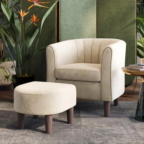 Miniatura 7 de LINSY Silla decorativa con otomana, sillón moderno, cómoda silla de lectura de barril con reposapiés para sala de estar, dormitorio, sala de Beige