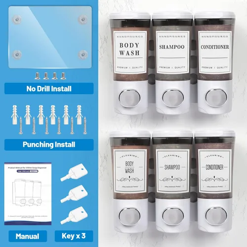 Miniatura 7 de Dispensador de champú y acondicionador de 15.2 fl oz x 3, dispensador de ducha de 3 cámaras sin taladro, dispensador de jabón de ducha montado