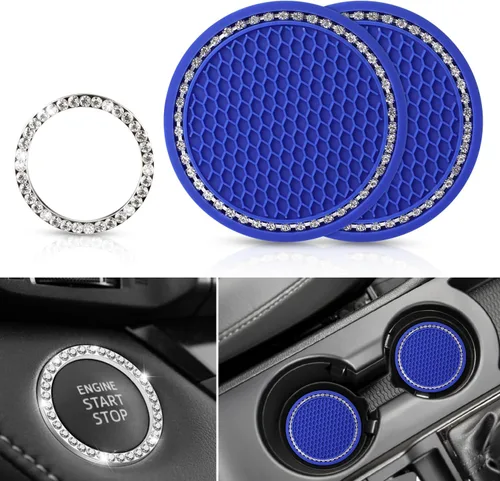 OUZORP Paquete de 2 posavasos azules para automóvil con botón de arranque y anillo brillante, 1 paquete | Posavasos antideslizantes para portavasos