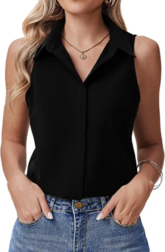 Miniatura 12 de HOTOUCH Camisas sin mangas con botones ocultos para mujer, frente con botones ocultos, cuello, blusas casuales elegantes holgadas para oficina