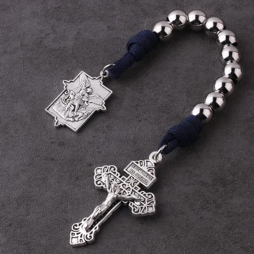 Miniatura 14 de Rosario de bolsillo estilo abierto una década de acero inoxidable rosario católico con crucifijo medalla de San Benito con bolsa de regalo