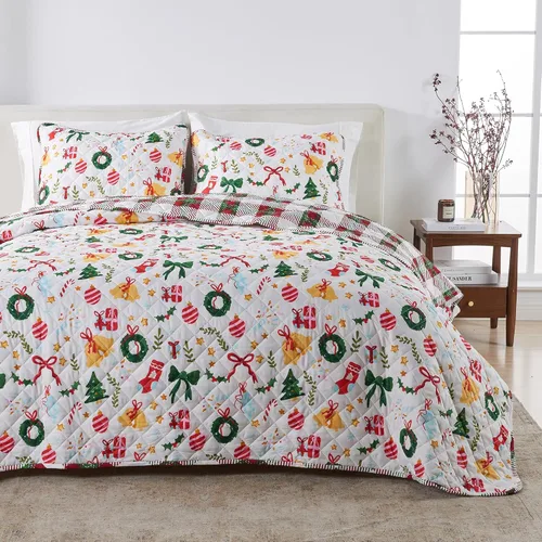 Miniatura 17 de Great Bay Home Juego de edredón navideño de 3 piezas con fundas de almohada. Colcha cubrecama reversible con patrón navideño. Colección Holly Ciervo