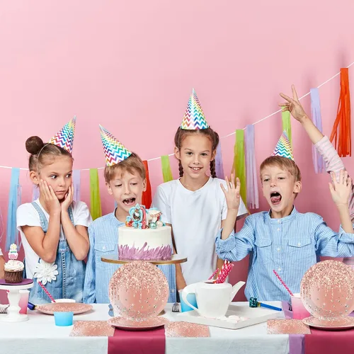 Miniatura 6 de Tevxj Juego de vajilla de cumpleaños de 96 piezas en rosa y oro rosa, vajilla desechable para cena, platos de postre y servilletas, tenedores