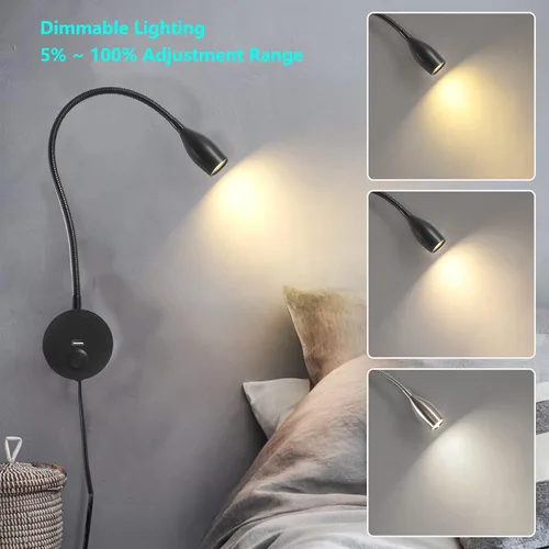 Miniatura 3 de Luz LED de lectura de pared con puerto de carga USB, interruptor regulable táctil, lámpara de noche de cuello de cisne, brazo flexible, 3 W
