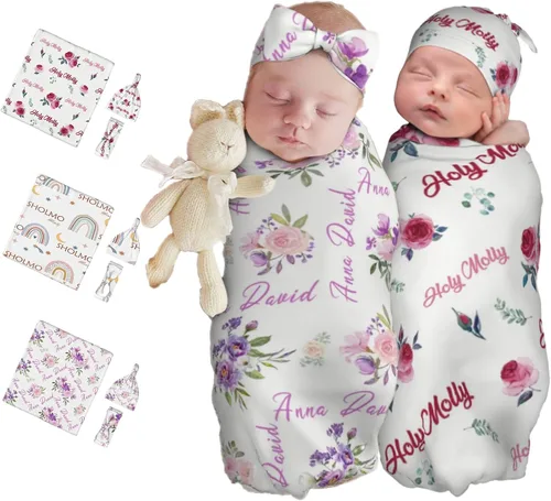 Miniatura 11 de Juego de manta personalizada para bebé con diadema acogedora y sombrero para niñas y niños recién nacidos, manta personalizada con nombre de bebé