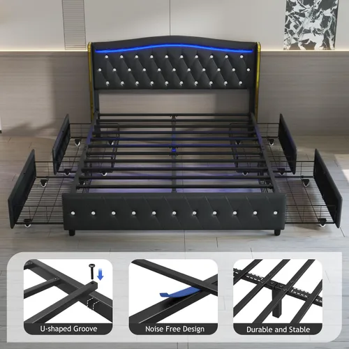 Miniatura 8 de E-Motie Base de cama tamaño completo con cabecera tipo wingback, plataforma tapizada con luces LED RGB, estación de carga, 4 cajones
