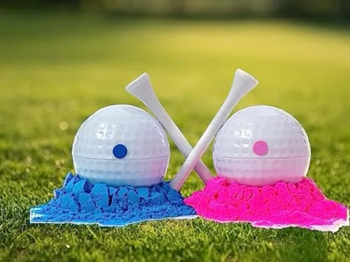 Miniatura 2 de Pelotas de golf para fiesta de revelación de género, 1 bola rosa rellena de polvo y 1 bola azul, sorpresa para bebé niño o niña, juego de golf