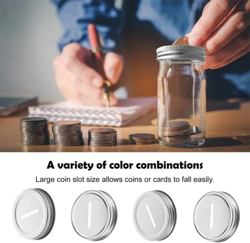 Miniatura 3 de Luxshiny 20 tapas para conservas, tapas de ranura para monedas para tarros de boca regular, tarros de ahorro de dinero, tapas ranuradas plateadas