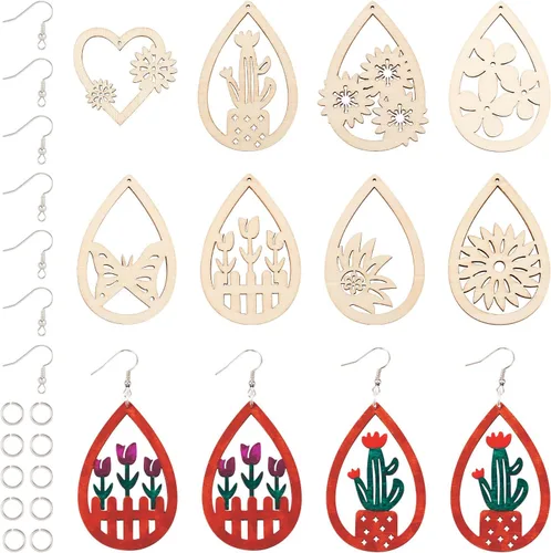 Miniatura 13 de Juego de 20 piezas de aretes de bola deportiva para fútbol, baloncesto, rugby, dijes de madera, 5 estilos, aretes de bola deportiva con ganchos