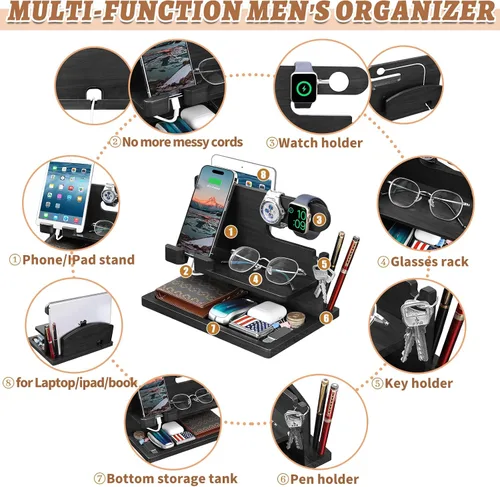 Miniatura 3 de Regalos para hombres Estación de acoplamiento de teléfono de madera para hombres Organizador de mesita de noche Regalos para papá Estación de carga