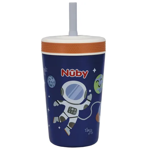 Nuby Thirsty Kids - Vaso aislado para niños pequeños con popote flexible de silicona, 12 onzas, acero inoxidable y resistente a fugas, para más de