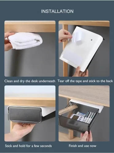 Miniatura 4 de Organizador de cajones para debajo del escritorio, paquete de 2 cajones autoadhesivos para almacenamiento debajo del escritorio, cajón de escritorio