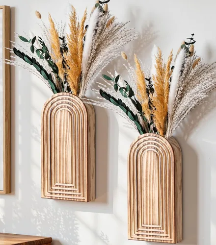 Miniatura 15 de DREAMLOOM Paquete de 2 jarrones de pared de madera con plantas artificiales de eucalipto, macetas para colgar en la pared, estilo bohemio y moderno