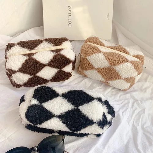 Miniatura 3 de Bolsa de Maquillaje a Cuadros de Felpa Bolsa de Cosméticos Estética a Cuadros Bolsos de Mano Lindos con Cremallera Bolsa de Viaje para Artículos