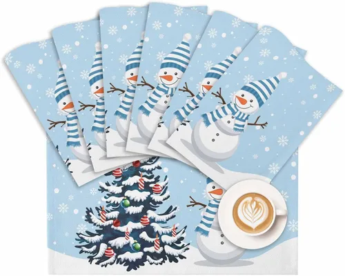 Miniatura 8 de Juego de 6 manteles individuales de Navidad, muñeco de nieve, copo de nieve, árbol de Navidad, resistentes al calor, para mesa de comedor, lino