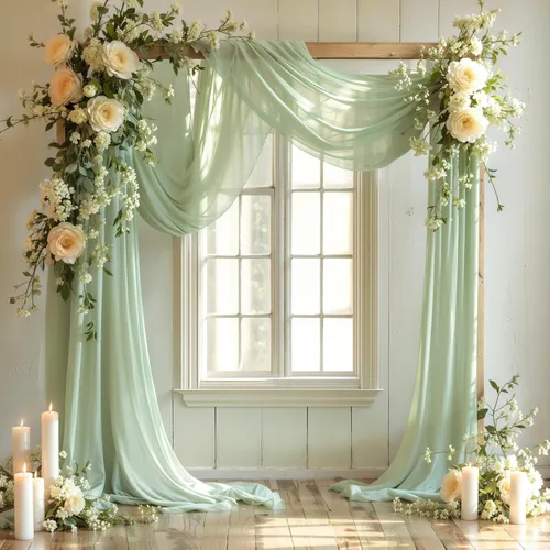 Miniatura 29 de Tela drapeada para arco de boda, 2 paneles de 18 pies, cortina de telón de fondo transparente azul bebé, cortina de gasa para boda, arco, ceremonia