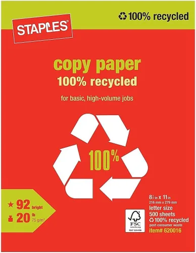 Miniatura 5 de Staples Papel de copia 100% reciclado de 8.5 x 11 pulgadas, 20 libras, 92B 500/resma, 10 resmas/conteo, para oficina, escuela y hogar
