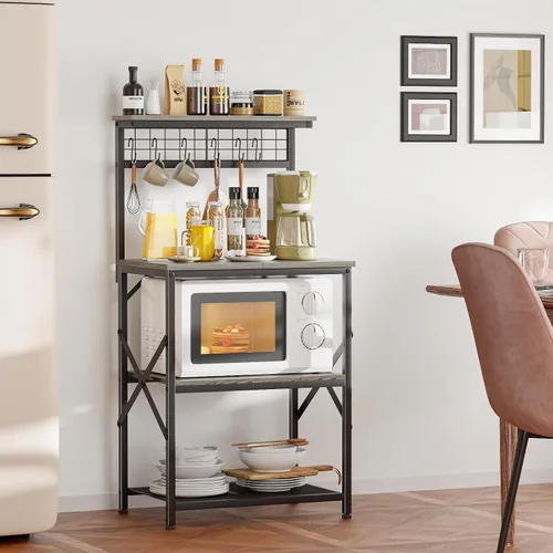 Miniatura 2 de Furologee Estante de Panadería de Cocina con Aparador, Estación de Barra de Café de 4 Niveles, Soporte para Horno Microondas con 6 Ganchos en S