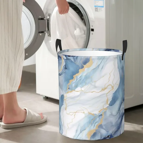 Miniatura 7 de Cesta circular con estampado de mármol blanco y azul, impermeable, cesta organizadora de lavandería, con asas, para ropa, juguetes, pequeña