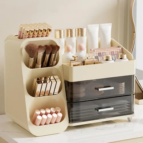 Miniatura 6 de Covzoe Organizador de maquillaje grande con soporte para pinceles, espaciosa vitrina de cosméticos con cajones para tocador, solución