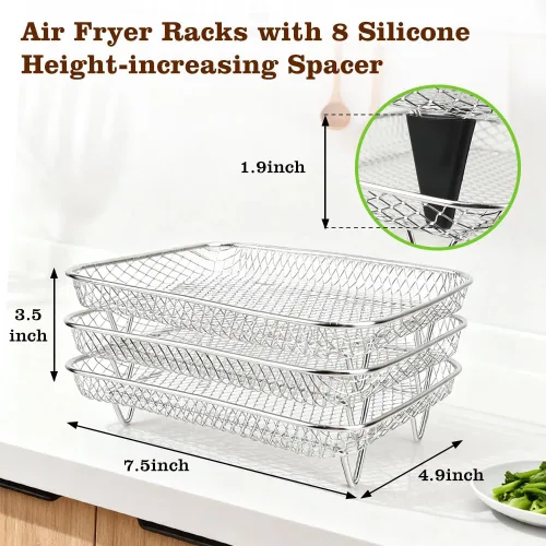 Miniatura 2 de BYKITCHEN Estante para freidora de aire Ninja 8 QT DZ201/SL201 DualZone Airfryer/Bella 4QT Slim Airfryer & More, 3 piezas apilables de acero