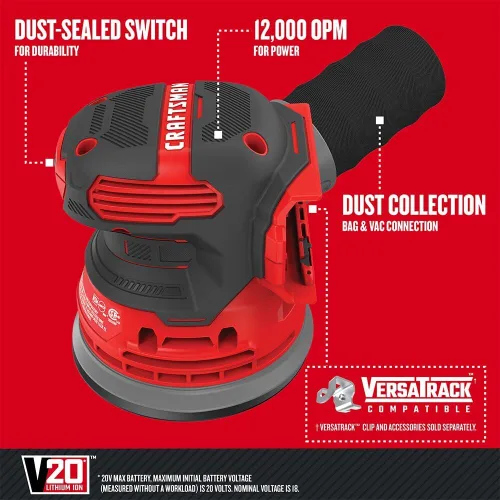 Miniatura 18 de CRAFTSMAN Lijadora orbital V20, inalámbrica, 12.000 OPM, solo herramienta desnuda (CMCW220B)